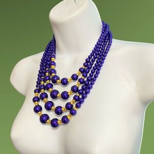 Layered Purple Acrylic Gold Beads Multistrand Chunky Necklace